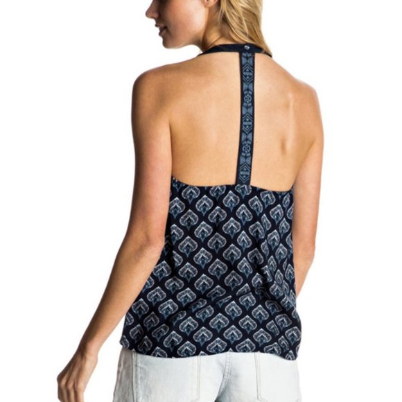 Roxy Tops - Roxy Tank Top Junior Medium Blue Halter Racerback Floral Pattern Open Back Women